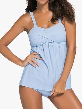 Light Blue Tankini Swim Top and Bottoms Bathing Suit Set